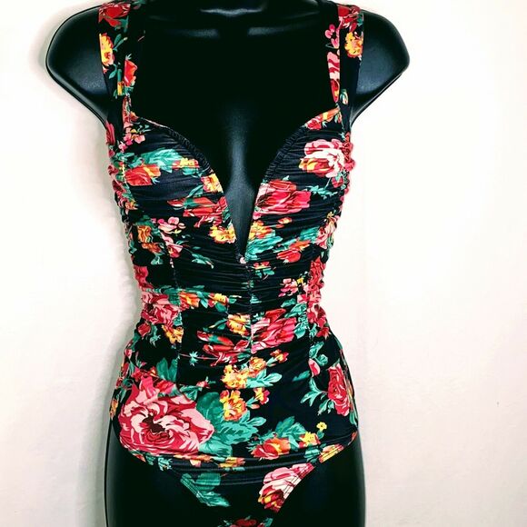 New S Floral Ruched Deep V Neck Wired Bodysuit Black 90's Retro - Picture 4 of 8